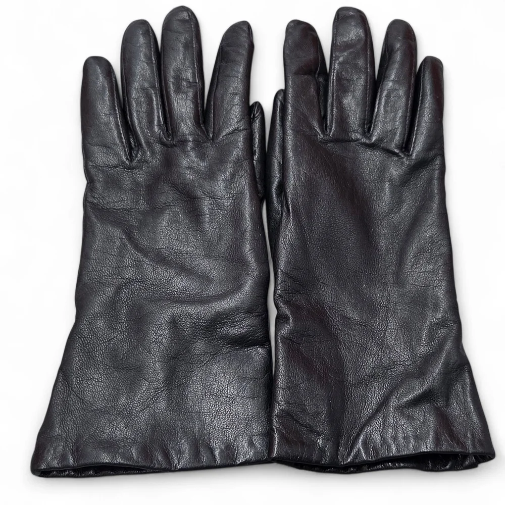 Vtg Isotoner Ladies Black Leather and Brown Cashmere Knit Gloves Size 7 Sm/Med**